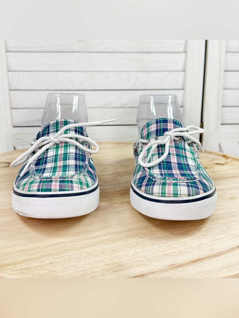 Sperry Plaid Canvas Slip On Mules Boat Shoes Blue Green Pink Women 9 Preppy - Picture 2 of 10